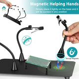 MagnieOpti Helping Hands Soldering Station, 10X Magnifying Glass with Light and Stand with 4 Magnetic Third Hand & 4 PCB Circuit Board Holders, Hands Free Magnifier Desk Lamp for Soldering Repairing MagnieOpti