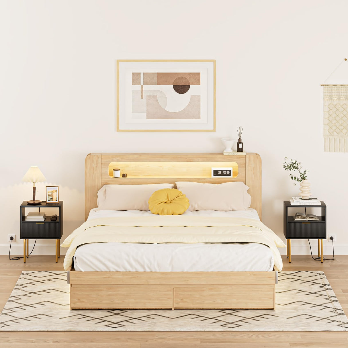 Aienvey Nightstand with Charging Station, Small Side Table, Modern Night Stand with Drawers, Bedside Table for Bedroom, Living Room End Table, Black Stripe Aienvey