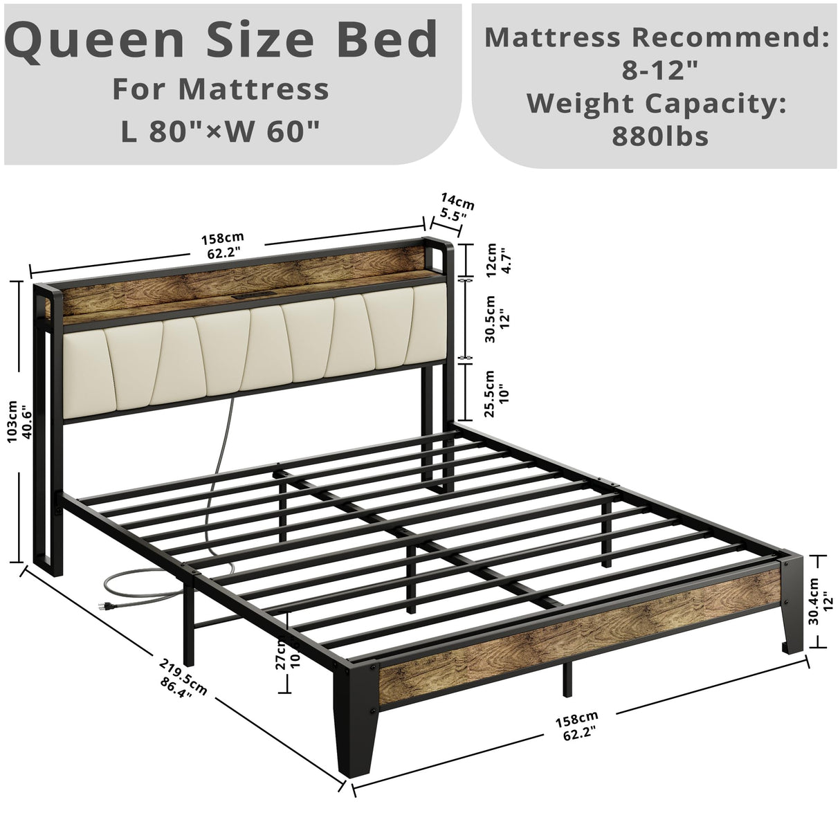 LIKIMIO Queen Bed Frame, Storage Headboard with Charging Station, Solid and Stable, Noise Free, No Box Spring Needed, Easy Assembly (Walnut and Beige) LIKIMIO