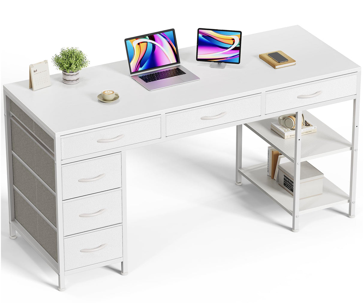 Huuger Computer Desk with 6 Drawers, 54 Inch Office Desk with Shelves, Reversible Gaming Desk, Corner Desk with Storage, Work Desk for Home Office, Study, Living Room, White Huuger