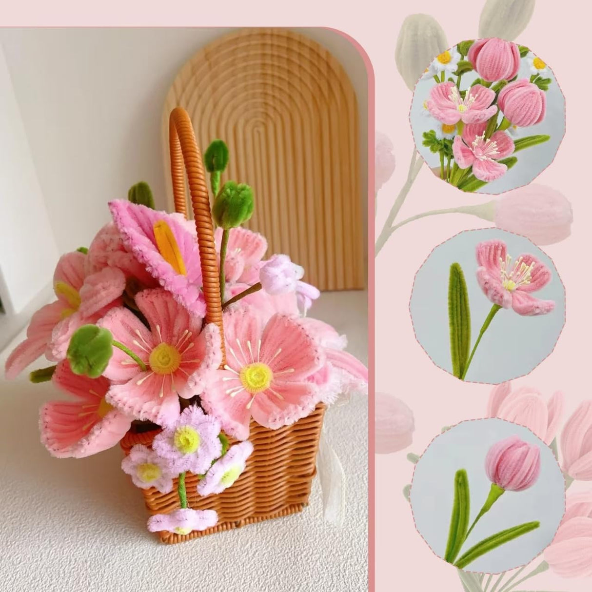 500 Pcs Pipe Cleaners Craft，5 Colors Pipe Cleaners Bulk,Chenille Stems Flowers Craft kit for DIY Handmade Bouquet Wrapping Party Decorations whit Ribbons，Stems,Tape，Stamens, Glue Sticks (Pink) Anyangjia