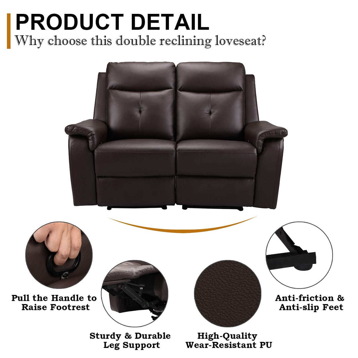 VUYUYU 2 Seater Recliner Sofa - Double Reclining Loveseat with Massage & Heating - PU Leather Home Theater Seating Manual Recliner Motion Living Room Chair (Brown) VUYUYU