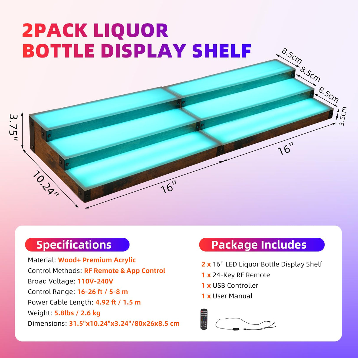 2 Pack LED Lighted Liquor Bottle Display Shelf, 3 Tier 32 Inch Liquor Shelves, RGB Acrylic bar Shelf with RF & App Control, 7 Colors, Music Sync, Timer, Whiskey Rack Stand for Home Bar, KTV, Party Aisthtea