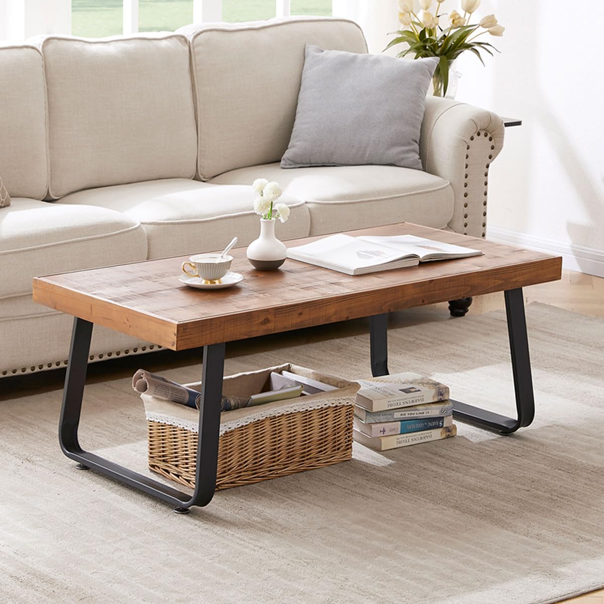 IBF Rustic Wood Coffee Table, Industrial Metal and Real Wood Center Table, Wood Farmhouse Real Solid Wooden Tea Table, Modern Minimalist Vintage Metal Rectangle Cocktail Table, Rustic Brown, 39 Inch IBF