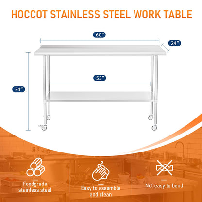 HOCCOT Stainless Steel Prep & Work Table with Adjustable Shelf, with Backsplash and Wheels, Kitchen Island, Commercial Workstations, Utility Table in - WoodArtSupply