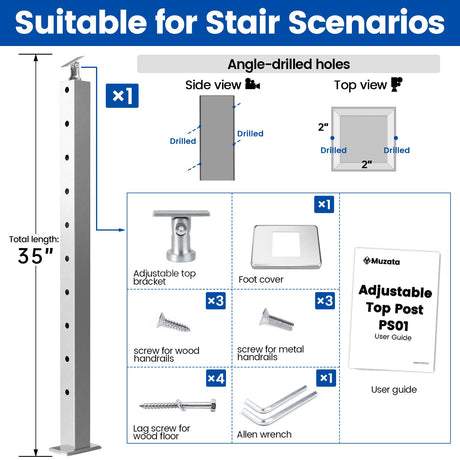 Muzata Stair Cable Railing Post 36 Inch for 25-35 Degrees Stair 36"x2"x2" Surface Mount Brushed T304 Stainless Steel Cable Railing System Kit Indoor Outdoor with Paper User Guide PS01 LA4S Muzata