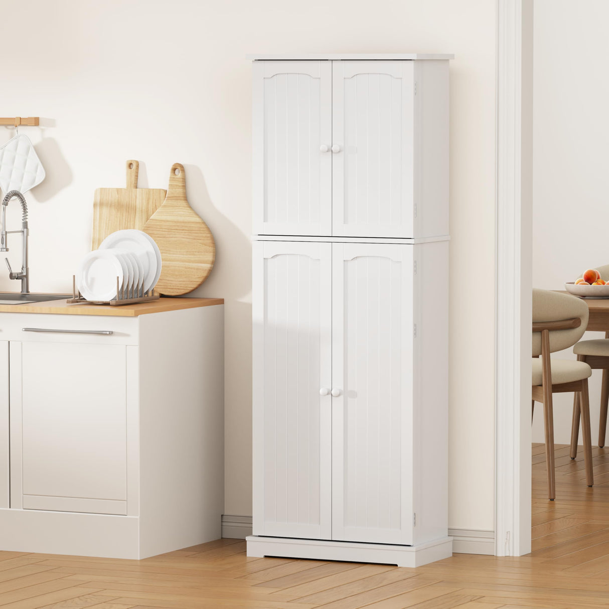 Yusong 64'' Kitchen Storage Cabinet, Tall Pantry Storage Cabinet with Doors and Shelves, Food Free Standing Pantry for Kitchen Dining Living Room, White Yusong