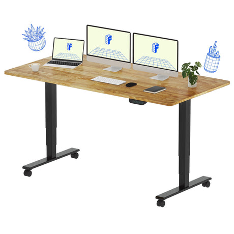 FLEXISPOT E6 Max Solid Wood Dual Motor 3 Stages Standing Desk 63x24 Inch Whole-Piece Rubber Wood Electric Height Adjustable Stand Up Desk Large Load Capacity (Black Frame + Solid Wood Desktop) FLEXISPOT