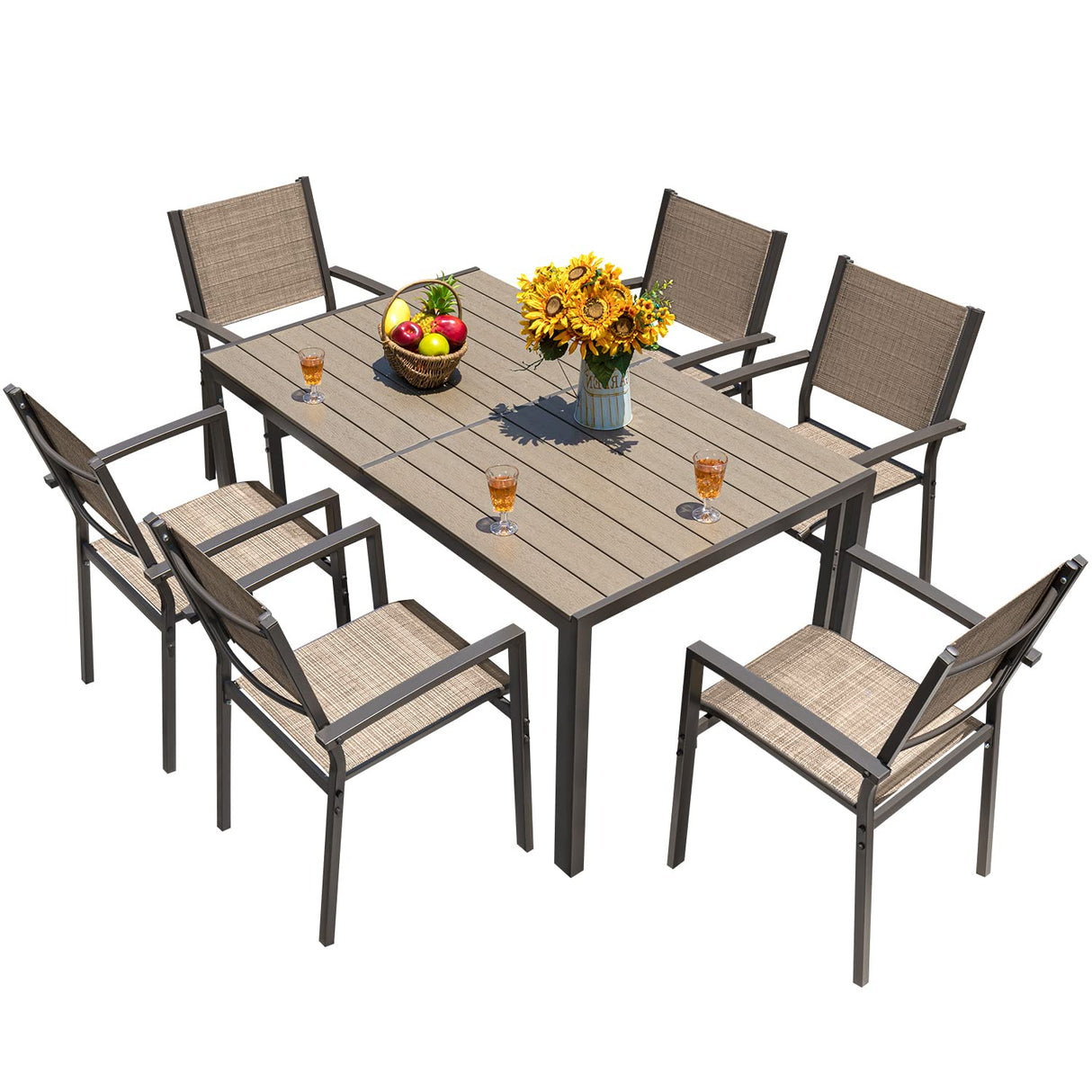 Homall 7 Pieces Patio Dining Set Outdoor Furniture with 6 Stackable Textilene Chairs and Large Table for Yard, Garden, Porch and Poolside, Beige Homall