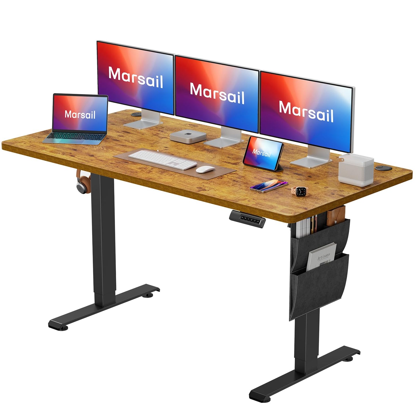 Marsail Standing Desk, Office Adjustable Heights Desk,Stand Up Desk,63x24 Inches Desktop Sit Stand Home Office Gaming Computer Desk with 4 Memory Presets,Headphone Hook,Cable Organizer,Rustic - WoodArtSupply