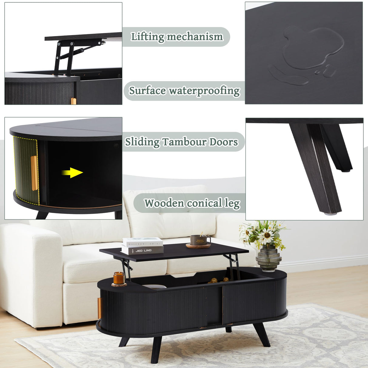 Janmer Home Small Lift Top Coffee Table with Sliding Tambour Door, 47.3" Mid Century Modern Curved Coffee Table with Storage, Oval Center Table with Lift Tabletop for Living Room (Doors, Black) Janmer Home