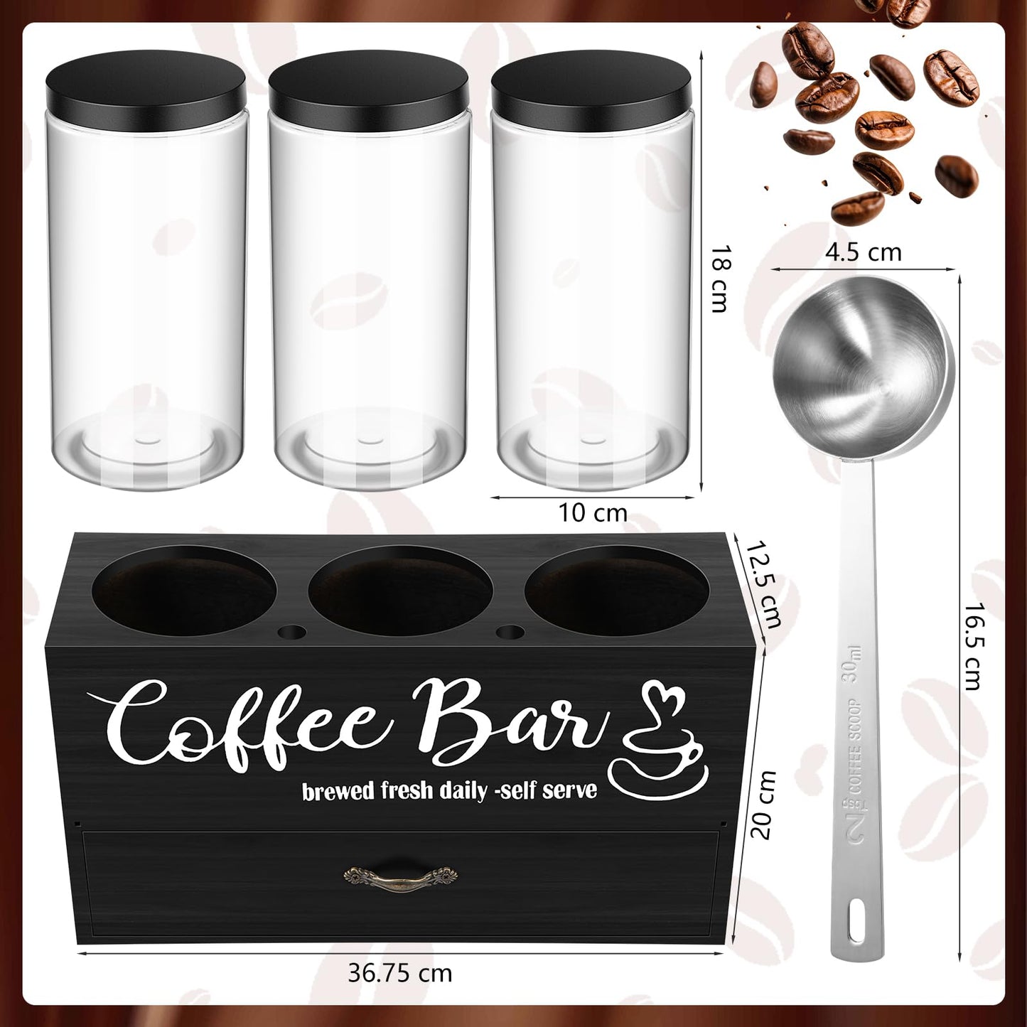 Skybooly 3 Pcs Coffee Canister Set with Shelf and Spoon Plastic Coffee Bean Storage Container with Lids Coffee Storage Box with Drawer Food Storage Jars for Coffee Bar Kitchen (Black)