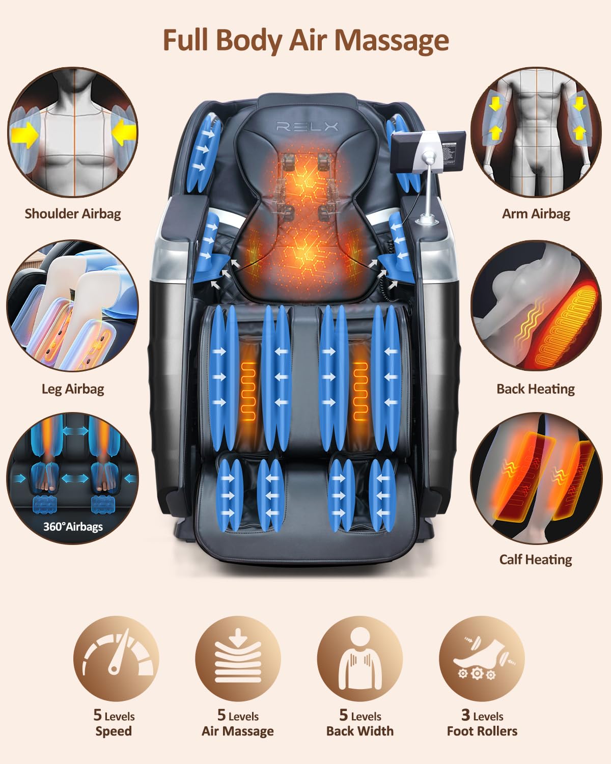 RELX 2026 Massage Chair Full Body, 20 Modes Zero Gravity SL-Track Shiatsu Massage Chair Built-in Heat System, Airbag Massage with Body Scan, Deep Yoga Stretch, Calfrest Extension and AI Control(Black) RELX