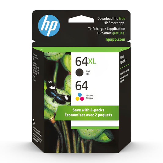 Original HP 64 Tri-color / 64XL Black Ink Cartridges (2-Pack) | Works with HP ENVY Inspire 7250e, 7950e Series; HP ENVY Photo 6200, 7100, 7800 Series