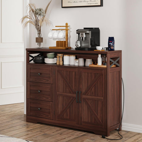 47" Dark Brown Farmhouse Storage Cabinet with Barn Doors and Drawers, Sideboard Buffet Cabinet with Storage, Kitchen Pantry Hutch, Coffee Bar Station Table for Kitchen, Living, Dining Room FiveWillowise