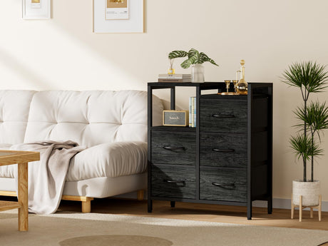 Furnulem 5 Drawer Black Dressers for Bedroom 2 Tier Shelf Storage Small Fabric Dresser for Closet Sturdy Metal Frame Modern Dresser Bedroom Dresser with Drawers for Hallway Rooms Furnulem