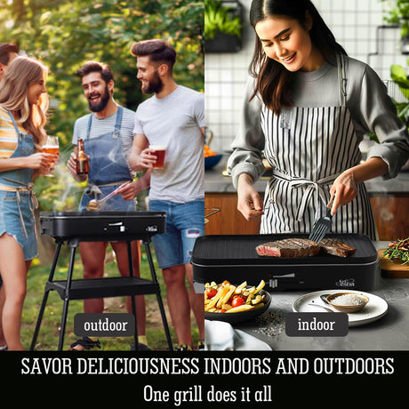 Upgrade Version - Artestia 1800W Electric Outdoor Grill with Lid Indoor Smokeless BBQ Grills with Temperature Control Portable Removable Stand Grill for Cooking, BBQ Party, Family Artestia