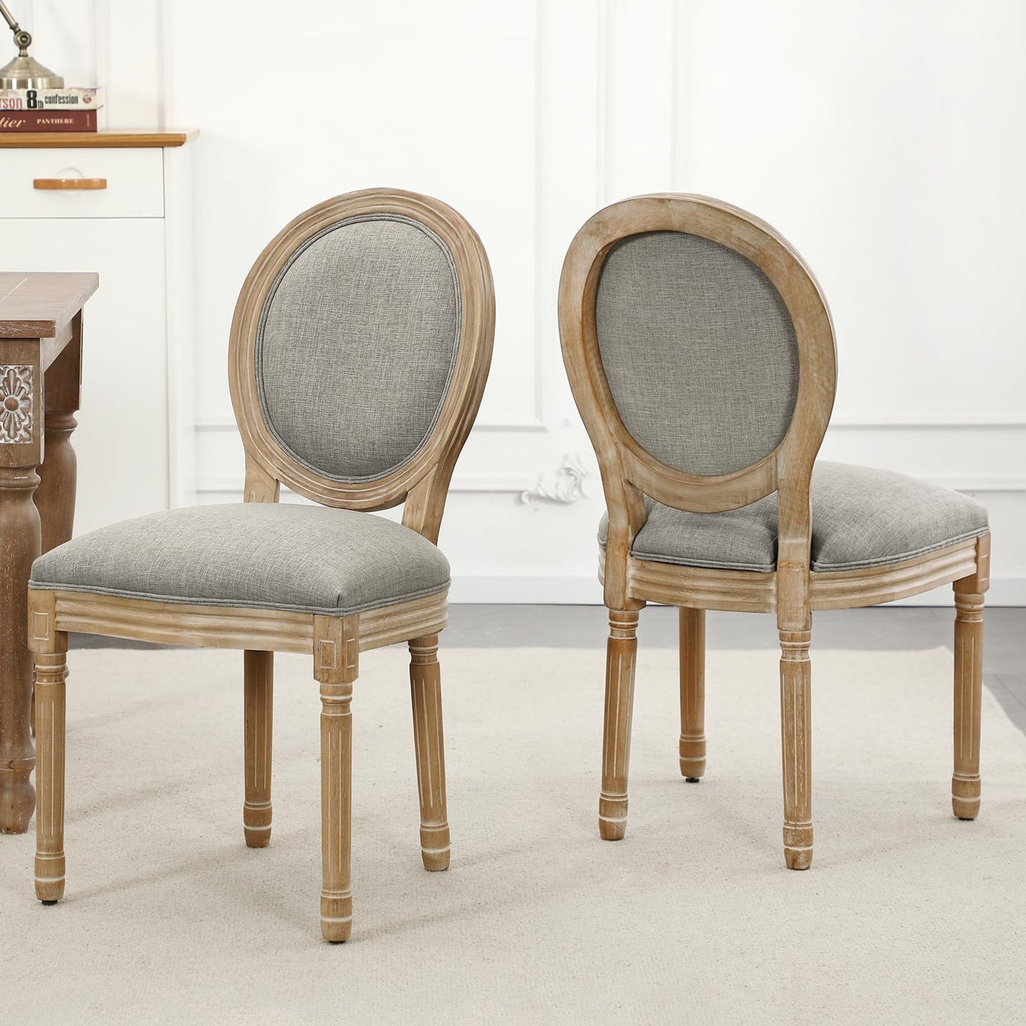 Furnimart French Country Vintage Dining Chairs Set of 4 Farmhouse Dining Chairs with Round Back and Solid Wood Legs, Oval Side Chairs for Kitchen Dining Room Living Room (Light Grey) - WoodArtSupply