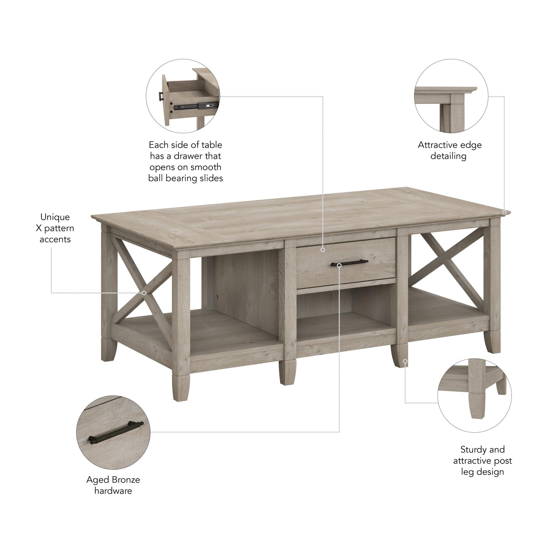 Bush Furniture Key West Coffee Table with Storage in Washed Gray - WoodArtSupply