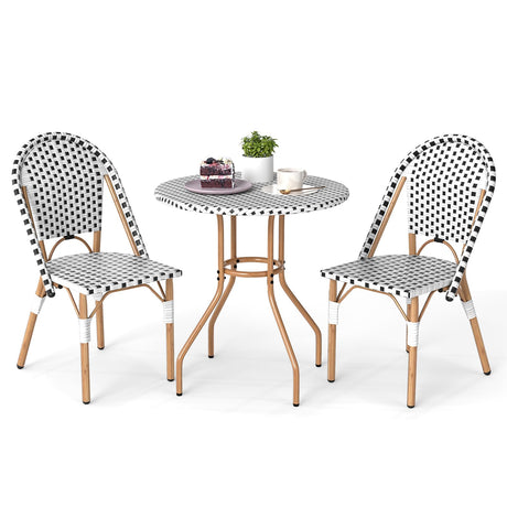 Tangkula 3 Piece French Bistro Table Chair Set, Outdoor Wicker Round Table & 2 Dining Chairs with Metal Support, Outside Accent Dining Furniture Set for Garden, Balcony, Porch Tangkula