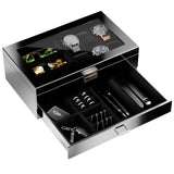 ProCase Wooden Men's Jewelry Box, 2-Tier Watch Holder and Sunglasses Box Organizer for Men, Display Cases with Clear Glass Top and Storage Drawer, Father's Day Gift -Black ProCase
