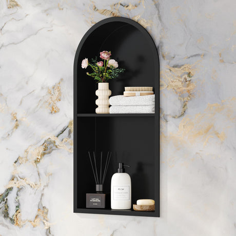 Qeke Stainless Steel Shower Niche 12" X 24", No Tile Needed Arched Niche Double Shelves, Recessed Shower Shelf Arched for Shower Wall, Matte Black Qeke