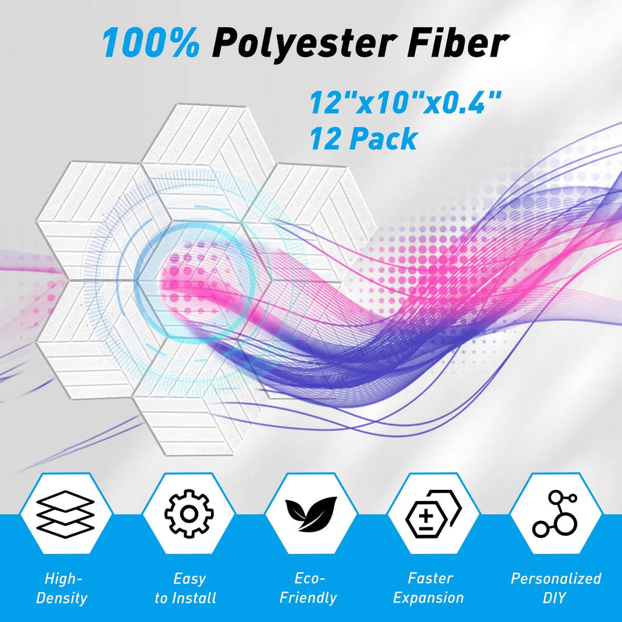 Podazz 12 Pack Sound Proof Foam Panels for Walls 12" X 10" X 0.4" Acoustic Panels Hexagon Self Adhesive, High-Density Padding Absorption Panel Used in Home and Offices (White) Podazz