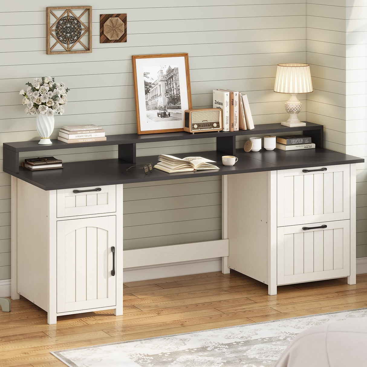 SEDETA Farmhouse 63" Executive Desk, Wood Computer Desk with Drawers and Storage Cabinet, Home Office Desk with File Drawer and Monitor Stand, Wood Desk for Work Study Writing, White SEDETA