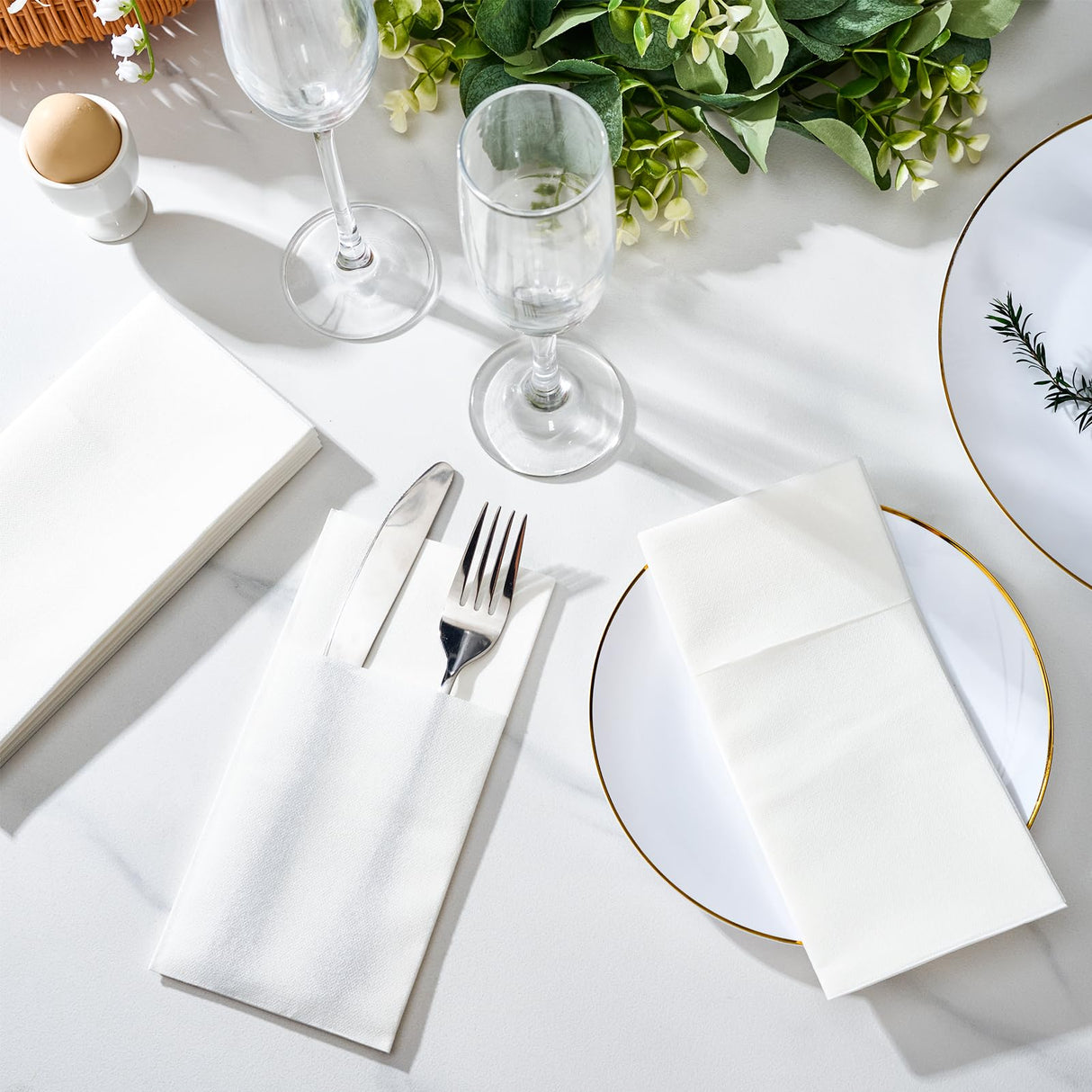 FOCUSLINE 50 Count Disposable Cloth like Napkins, Built-in Flatware Pocket, White Prefolded Paper Napkins, Linen Feel Dinner Napkins for Wedding, Parties, or Events FOCUSLINE