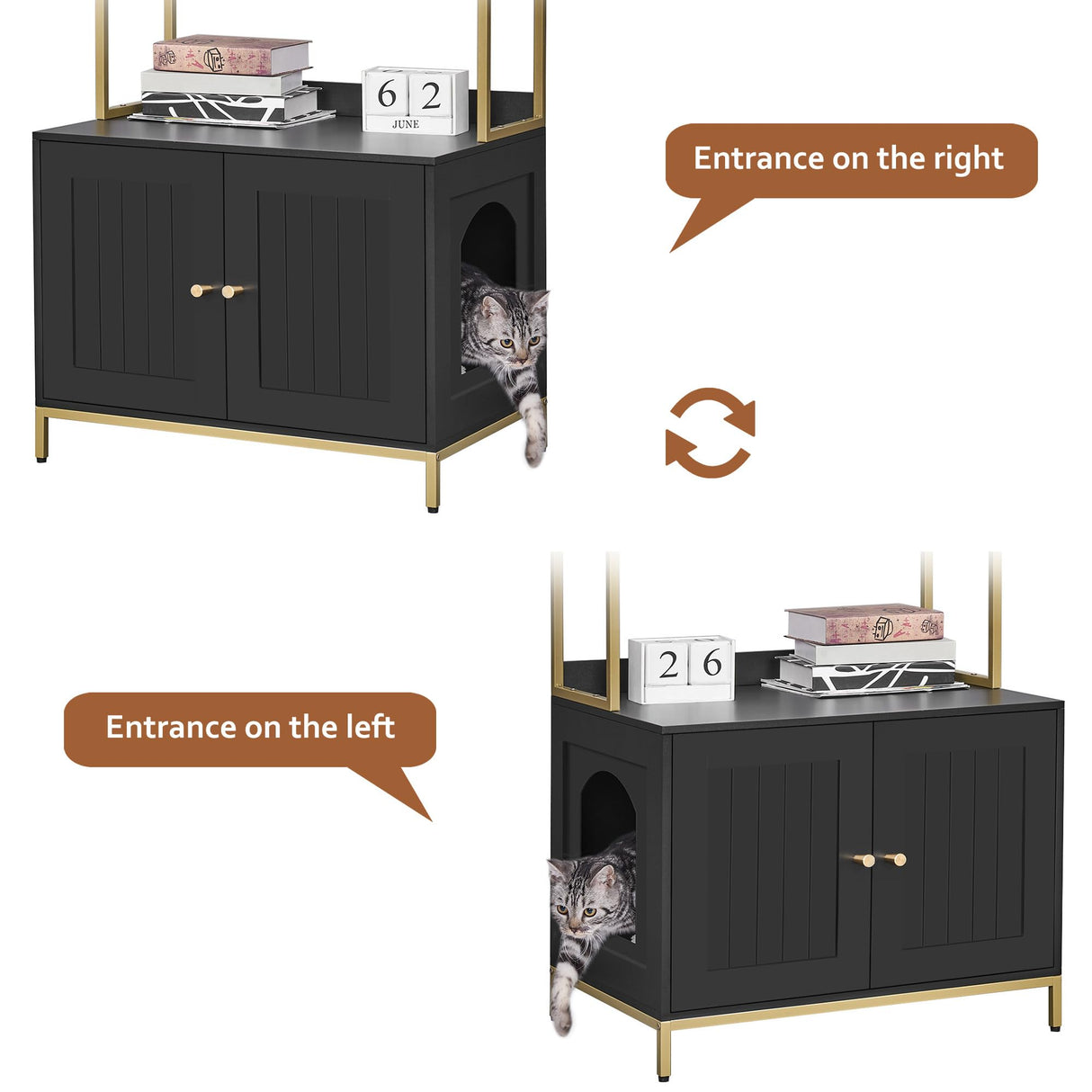 Homhedy Cat Litter Box Enclosure, Litter Box Furniture Hidden with 2-Tier Storage Shelves, Wooden Cat Washroom Furniture with Metal Frame, Cat House, Modern Style, Black and Gold Homhedy