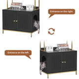 Homhedy Cat Litter Box Enclosure, Litter Box Furniture Hidden with 2-Tier Storage Shelves, Wooden Cat Washroom Furniture with Metal Frame, Cat House, Modern Style, Black and Gold Homhedy