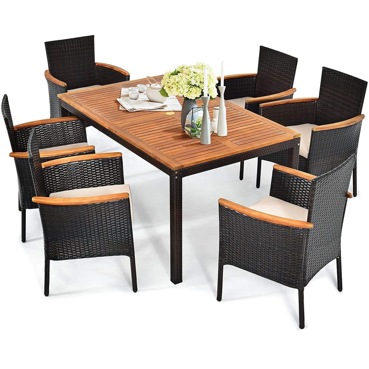 HAPPYGRILL 7 Pieces Patio Dining Set Outdoor Rattan Wicker Dining Set with Umbrella Hole, Removable Cushions, Table & Chairs Set with Acacia Wood Table Top HAPPYGRILL