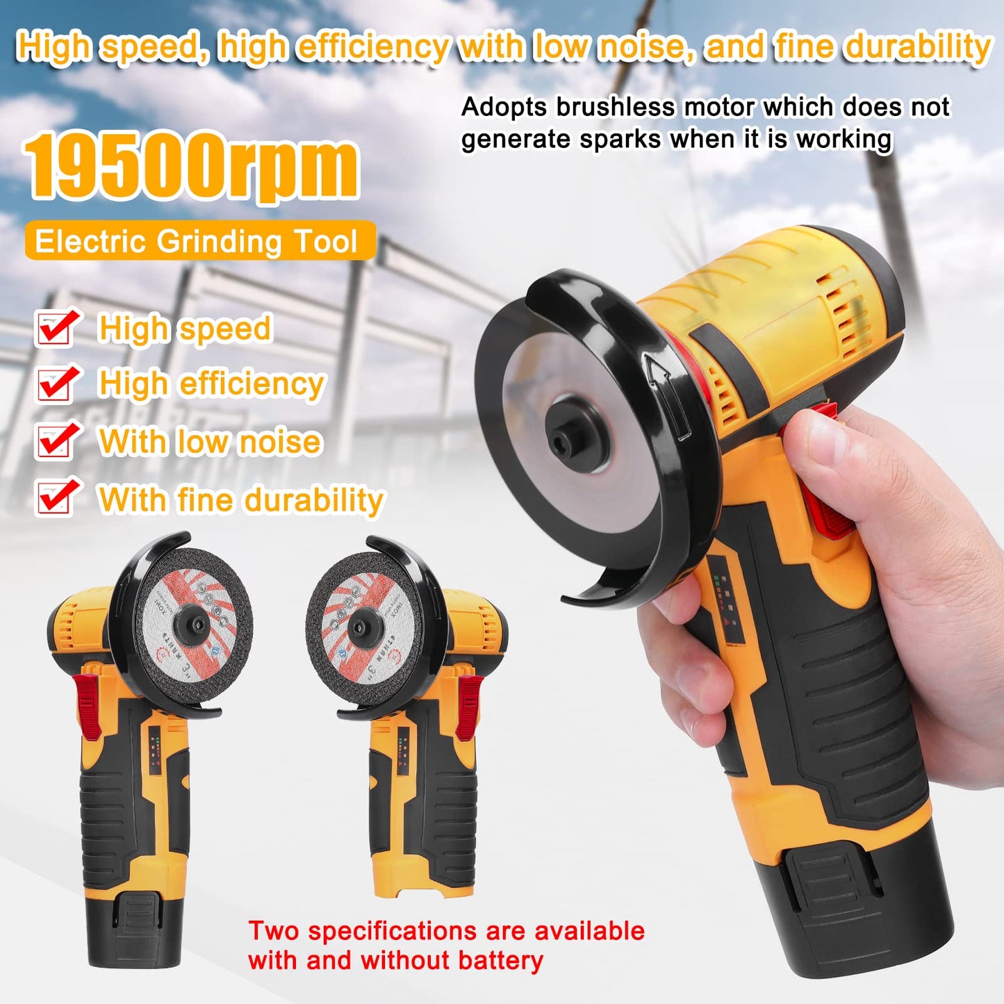 Angle Grinder, Geevorks Electric Grinding Tool 19500RPM, Mini Grinder Handheld Cutter for Cutting Polishing Ceramic Tile Wood Stone Steel, with 2 Cutting Disc/2PCS 1200mAh Battery, Yellow - WoodArtSupply