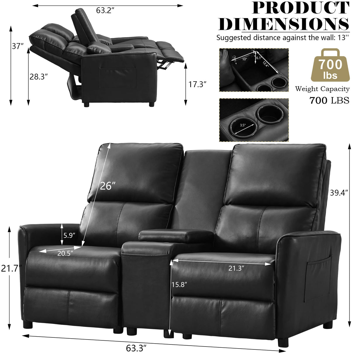 DRMBOOK 63'' RV Loveseat Recliner Sofa, Faux Leather Double Camper Couch 2 Seater Recliner with Console, Home Movie Theater Seating Chair, 2 Person Push Back Recliners for Living Room, Black DRMBOOK