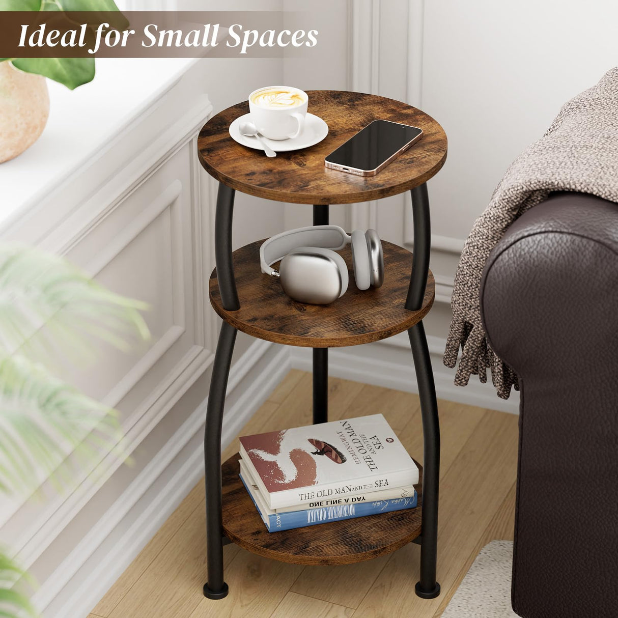 Yuede Small Round Side Table, 3-Tier End Table with Storage Shelf, Slim Sofa Table Coffee Table, Sturdy & Easy Assemble Nightstand for Small Spaces, Living Room Bedroom Corner, Rustic Brown Yuede