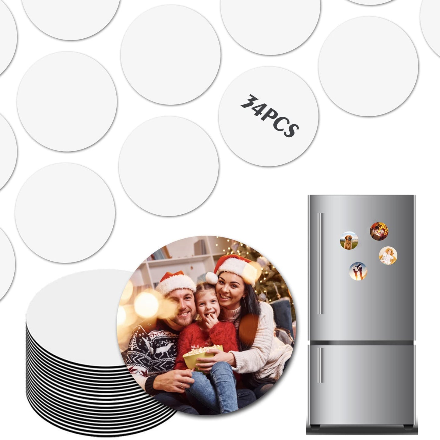 ZYNERY 34 PCS Sublimation Magnet Blanks, Sublimation Blank Fridge Magnets Printable Photos, Personalized Custom Magnets for Refrigerator Decoration, Kitchen, Office, Wall (Round Diam 5.5cm)