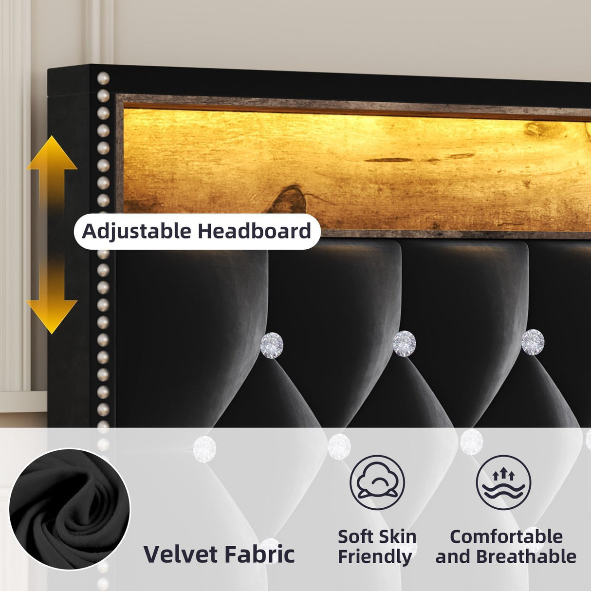 HOMBCK Full Size Bed Frame with LED Lights, Velvet Upholstered Bed Frame Full with Charging Station and Storage Headboard, Modern Diamond and Rivet Design, No Box Spring Needed, Easy Assembly, Black HOMBCK