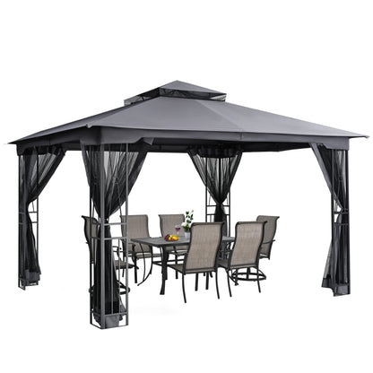 HAPPATIO 10' X 12' Patio Gazebo with Ventilation Double Roof，Outdoor Gazebo with Mosquito Netting for Lawn, Garden (Grey) - WoodArtSupply