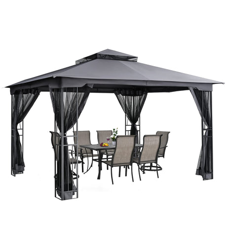 HAPPATIO 10' X 12' Patio Gazebo with Ventilation Double Roof，Outdoor Gazebo with Mosquito Netting for Lawn, Garden (Grey) HAPPATIO