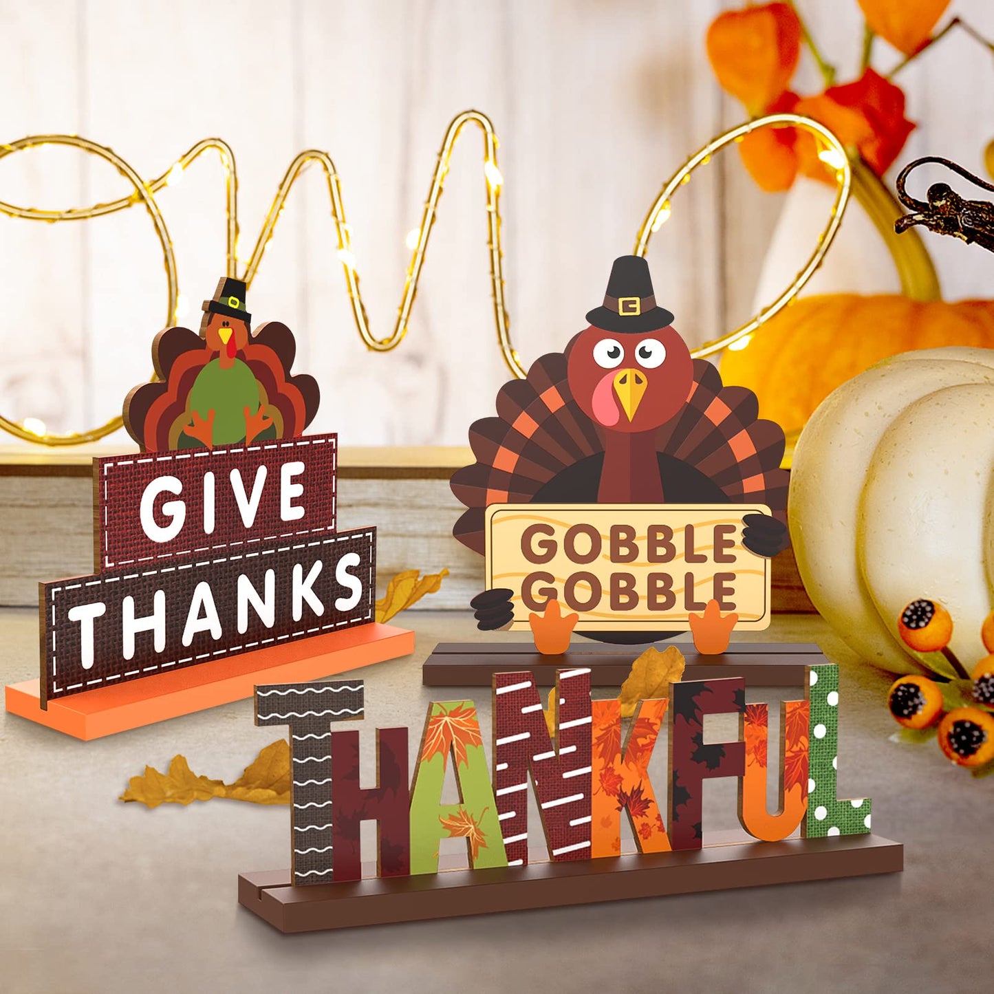 Thanksgiving Centerpieces for Tables Decorations, 4 Pack Wooden Pumpkin Turkey Thankful Blessed Decorative Signs, Harvest Autumn Fall Decor for Home Indoor Party Farmhouse Office Desk Firepla - WoodArtSupply