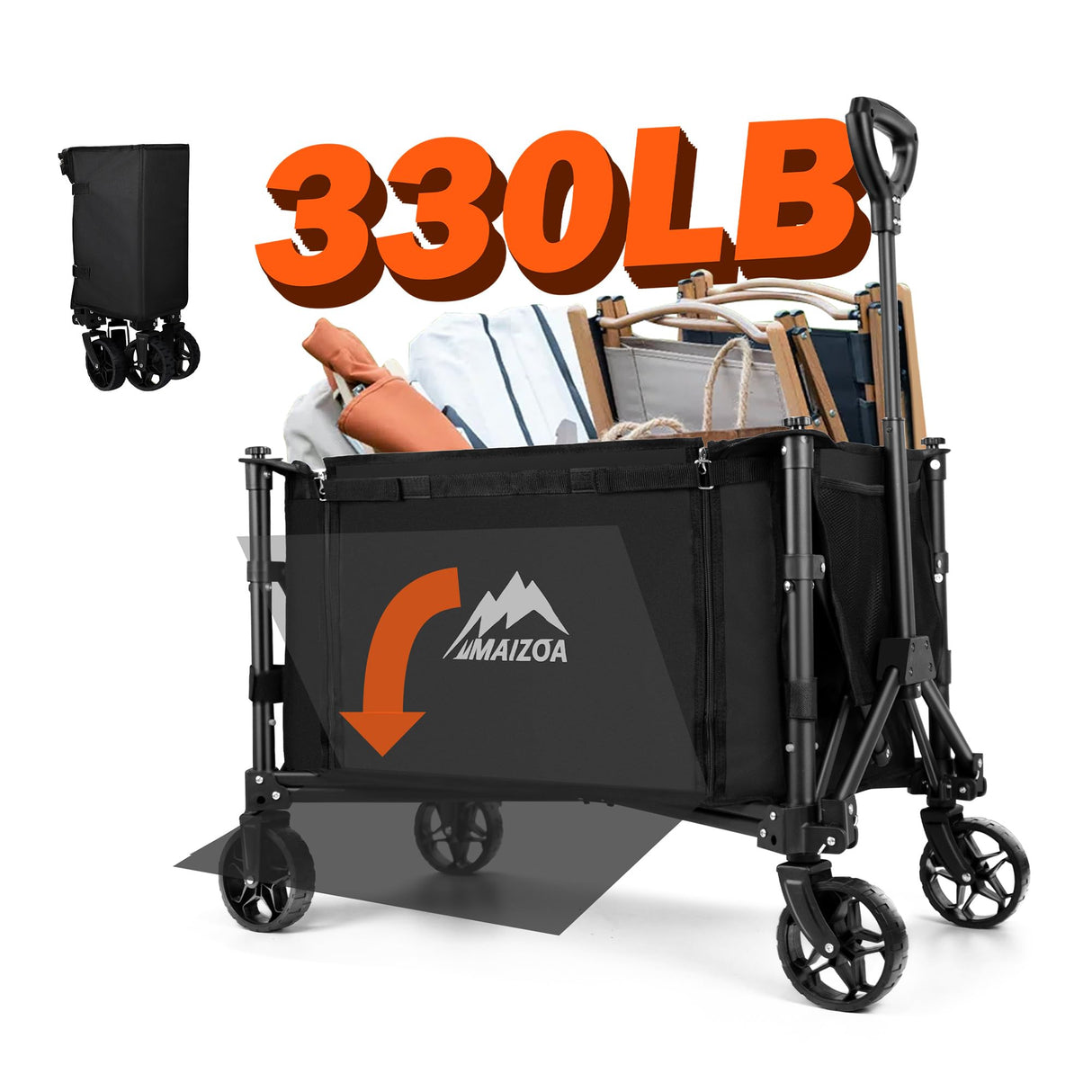 MAIZOA Collapsible Wagon with Large Capacity, 330lbs Heavy Duty Beach Wagon Outdoor Utility Cart with Dual Side Zipper, Utility Grocery Wagon for Camping Shopping Sports MAIZOA