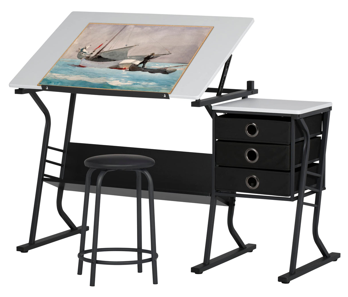 SD Studio Designs 2 Piece Eclipse Ultra Center/Drawing Table with Stool, Angle Adjustable Top, Storage Shelves, and Drawers SD STUDIO DESIGNS