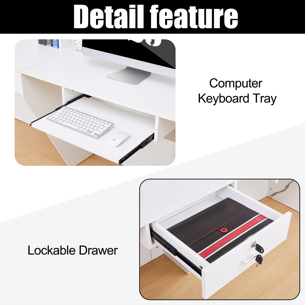 LayBurst Reception Desk,Modern Checkout Counter with Lockable Drawer,Keyboard Tray and Shelves,White Receptionist Desk for Corporate and Hotel Lobbies（23.6”D x 86.6”W x 43.3”H） LayBurst