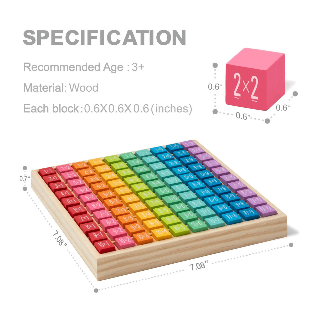 ROBUD Wooden Multiplication & Math Table Board Game, Kids Montessori Math Manipulatives Learning Toys Gift, Aged 3 Years Old and Up - 100 Wooden Counting Blocks ROBUD