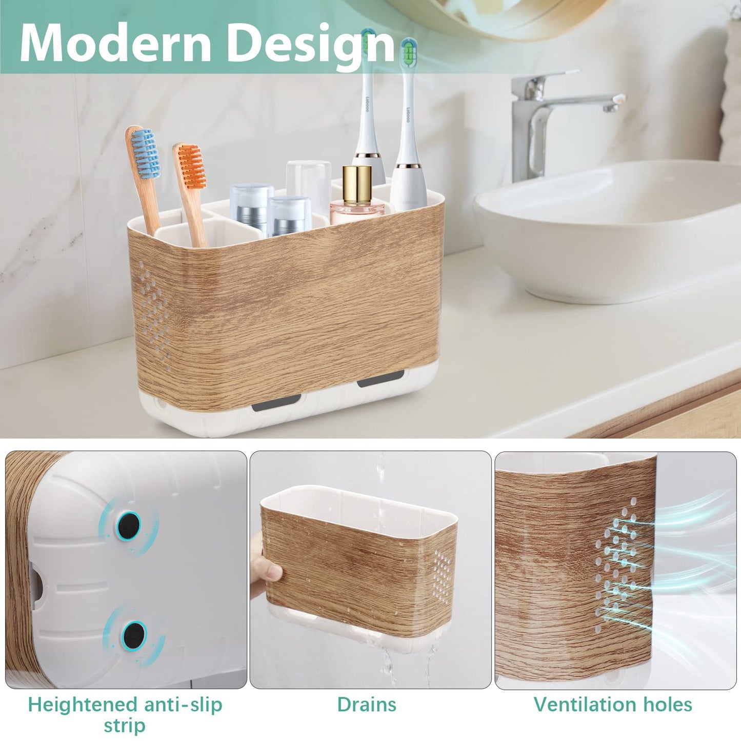 Boperzi Toothbrush and Toothpaste Holder Wood Grain for Bathroom Countertop with Adjustable Dividers, Toothpaste Caddy Organizer Storage Rustic Decor Set Freestanding Anti-Slip for Shower,Family,Kids