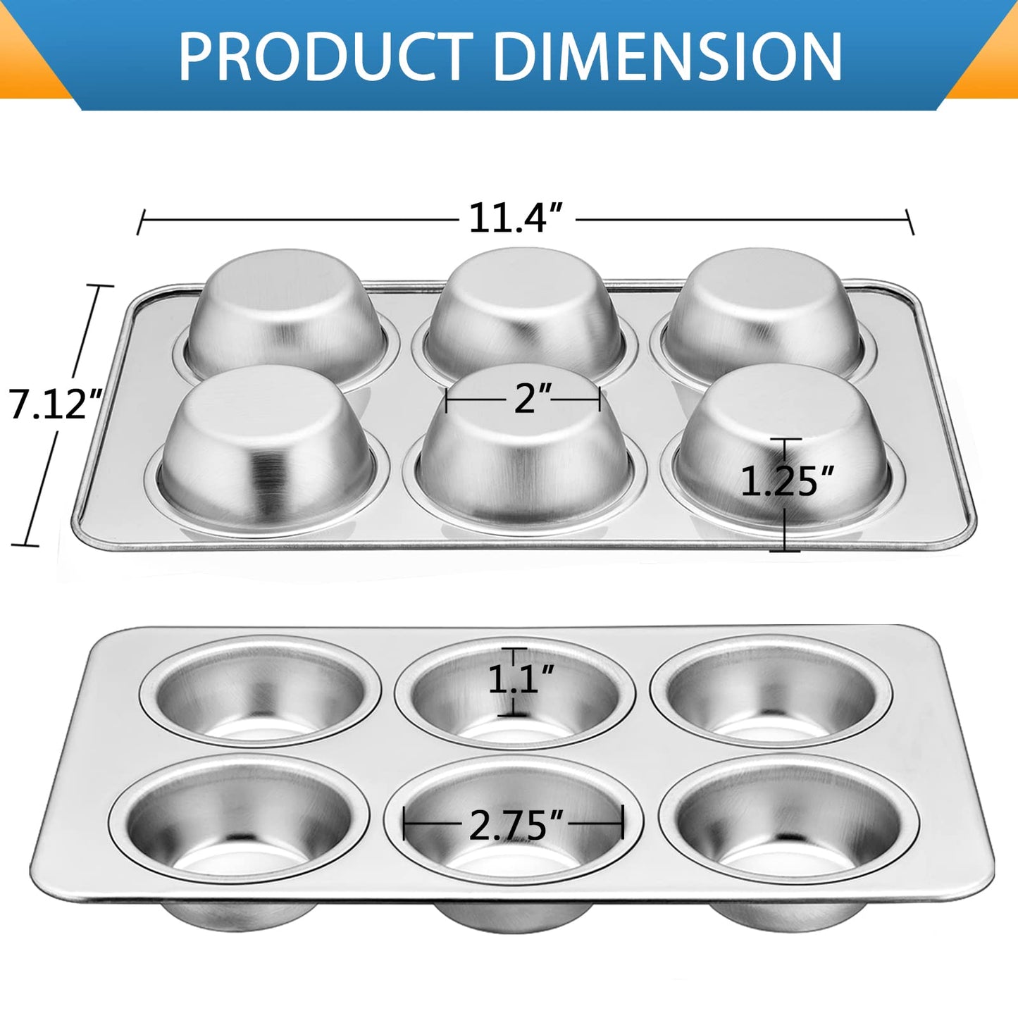 E-far Muffin Pan Set of 2, Stainless Steel Muffin Pan Tin for Baking, 6-Cup Metal Cupcake Pan Tray, Non-toxic & Healthy, Oven & Dishwasher Safe, Regular Size - 11.44 x 7.12 x 1.25 inch