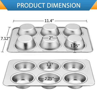 E-far Muffin Pan Set of 2, Stainless Steel Muffin Pan Tin for Baking, 6-Cup Metal Cupcake Pan Tray, Non-toxic & Healthy, Oven & Dishwasher Safe, Regular Size - 11.44 x 7.12 x 1.25 inch