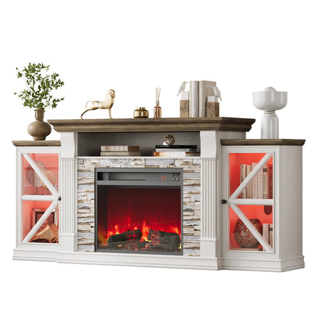 QUW Electric Fireplace TV Stand, 70" Farmhouse Entertainment Center with Open Shelf and Glass Barn Door Cabniet, Modern TV Console Table with 7 Flame Colors for Living Room, Antique White QUW