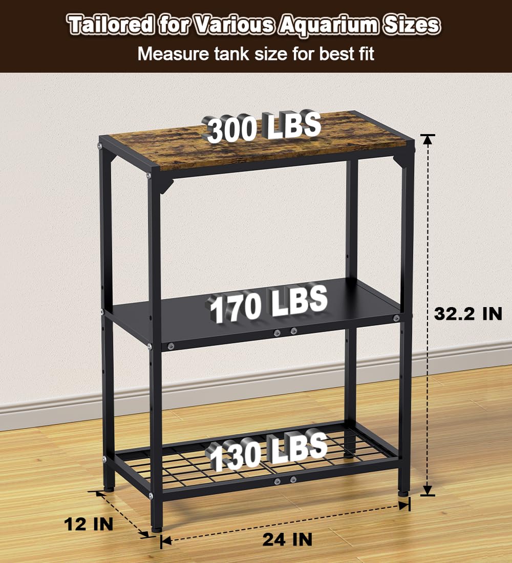 AnBaiMei 20 Gallon Aquarium Stand, Metal Fish Tank Stand with Adjustable 3-Tier Storage Shelf, Heavy Duty Reptile Breeder Turtle Tank Terrarium Rack Table for Home Office, 24" L x 12" W x 32.2" H, Black AnBaiMei
