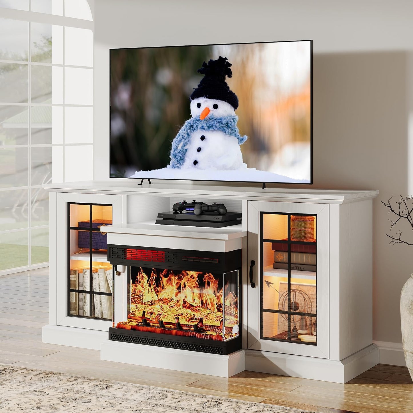 oneinmil 59'' Fireplace TV Stand, 3 Sided Glass Media Entertainment Center Console Table for TVs up to 65'' with Glass Door Adjustable Flame LED Color for Living Room, Set of TV Table, White